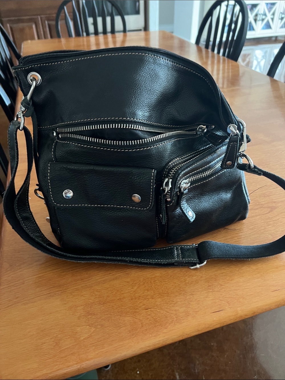 Fossil Black Leather Crossbody Bag with Silver Hardware